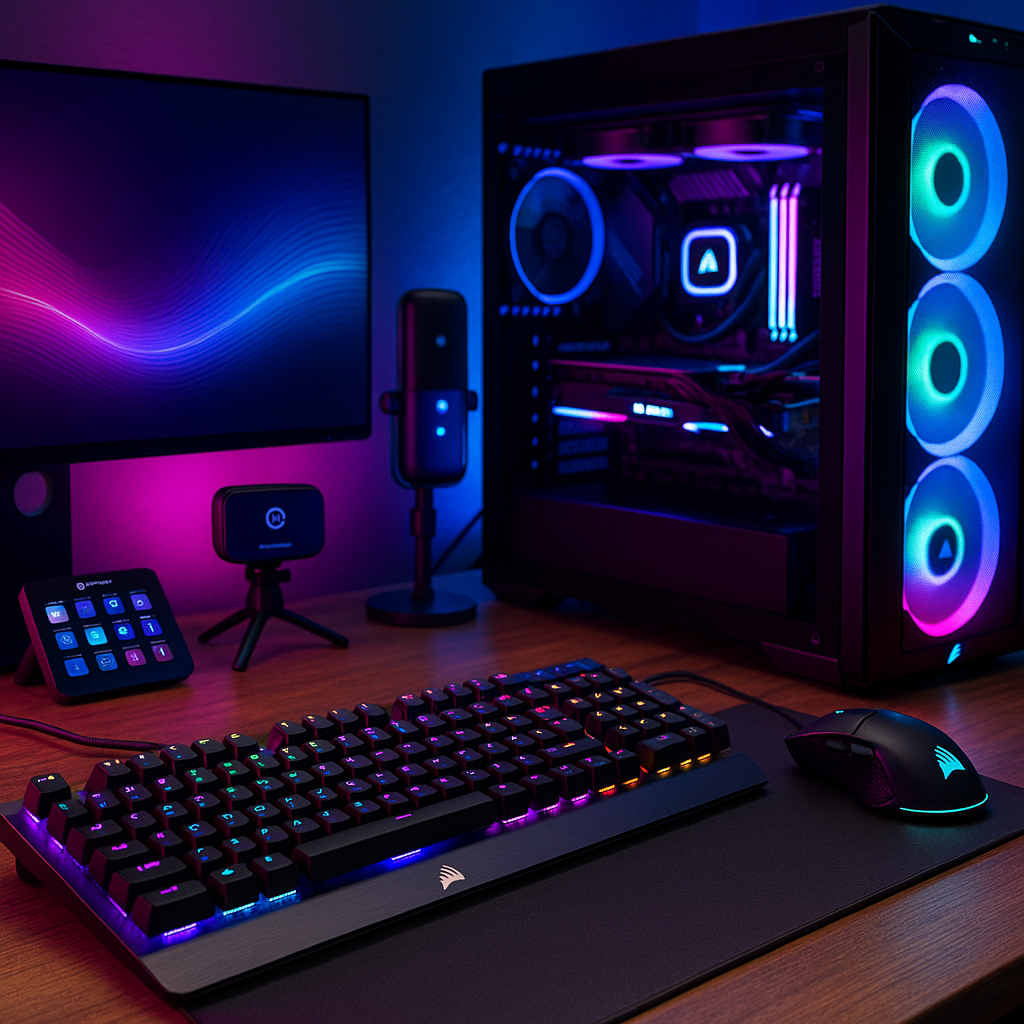 Colorful RGB gaming setup featuring Corsair keyboard, gaming mouse, iCUE-lit PC tower, and Elgato streaming gear — symbolizing Corsair’s ecosystem of gamer and creator products.