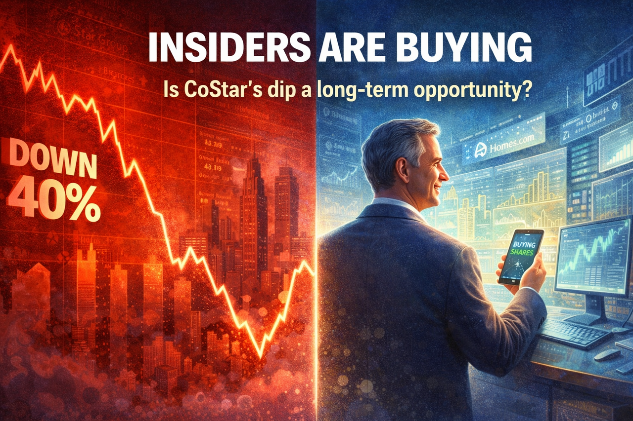 Split digital illustration showing a falling stock chart on one side and a CEO buying shares with real estate data screens and skyscrapers on the other, representing insider buying in CoStar Group after a market decline.
