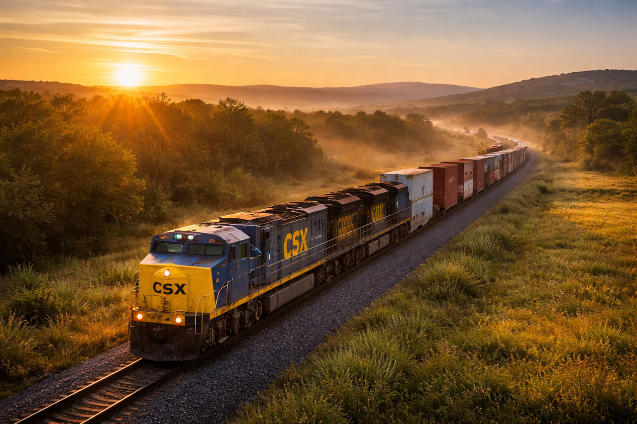 Freight train from CSX traveling across a long railway at sunrise, symbolizing American infrastructure strength and long-term industrial investing.
