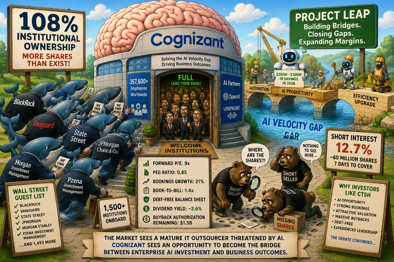 Whimsical cartoon-style illustration showing a giant brain-shaped corporate headquarters labeled 