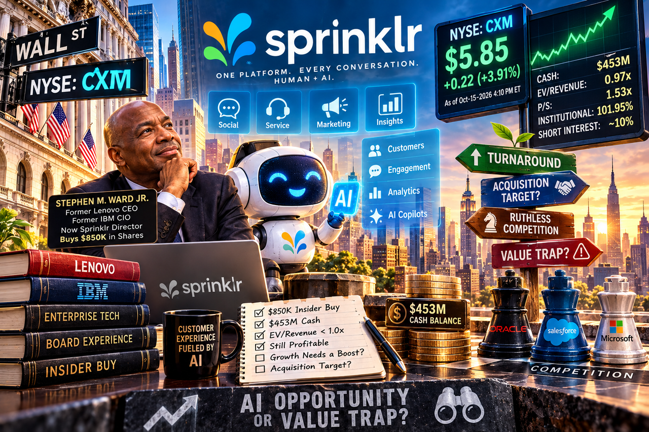 Sprinklr (CXM) stock analysis illustrating an $850K insider purchase, $453M cash balance, AI turnaround potential, and slowing growth risks.  Copy alt text
