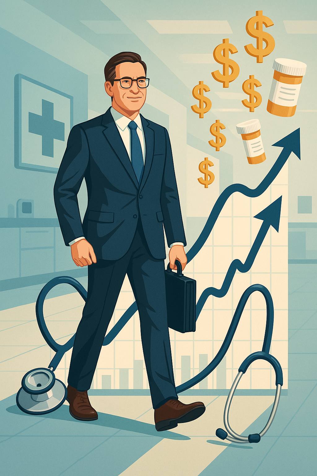 Confident executive in a healthcare setting with rising stock chart, stethoscope shaped like a bullish trend line, and dollar symbols turning into prescription bottles — symbolizing Cigna CEO stock purchase and strong health-care outlook.