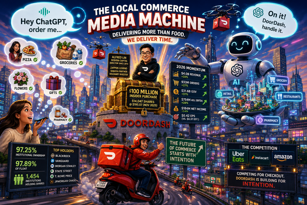 Illustration showing DoorDash riders zooming through a vibrant city while giant AI robots and ChatGPT speech bubbles float overhead. Alfred Lin stands atop a golden $100 million treasure chest, while DoorDash magically delivers.