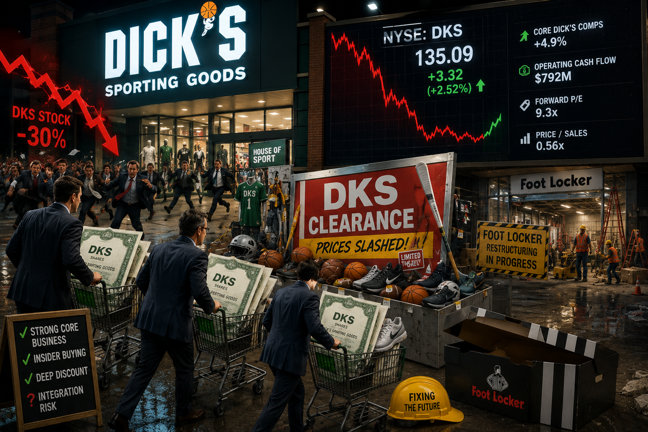 DICK’S Sporting Goods stock selloff with executives buying DKS shares, symbolizing insider purchases, cheap valuation and Foot Locker integration.