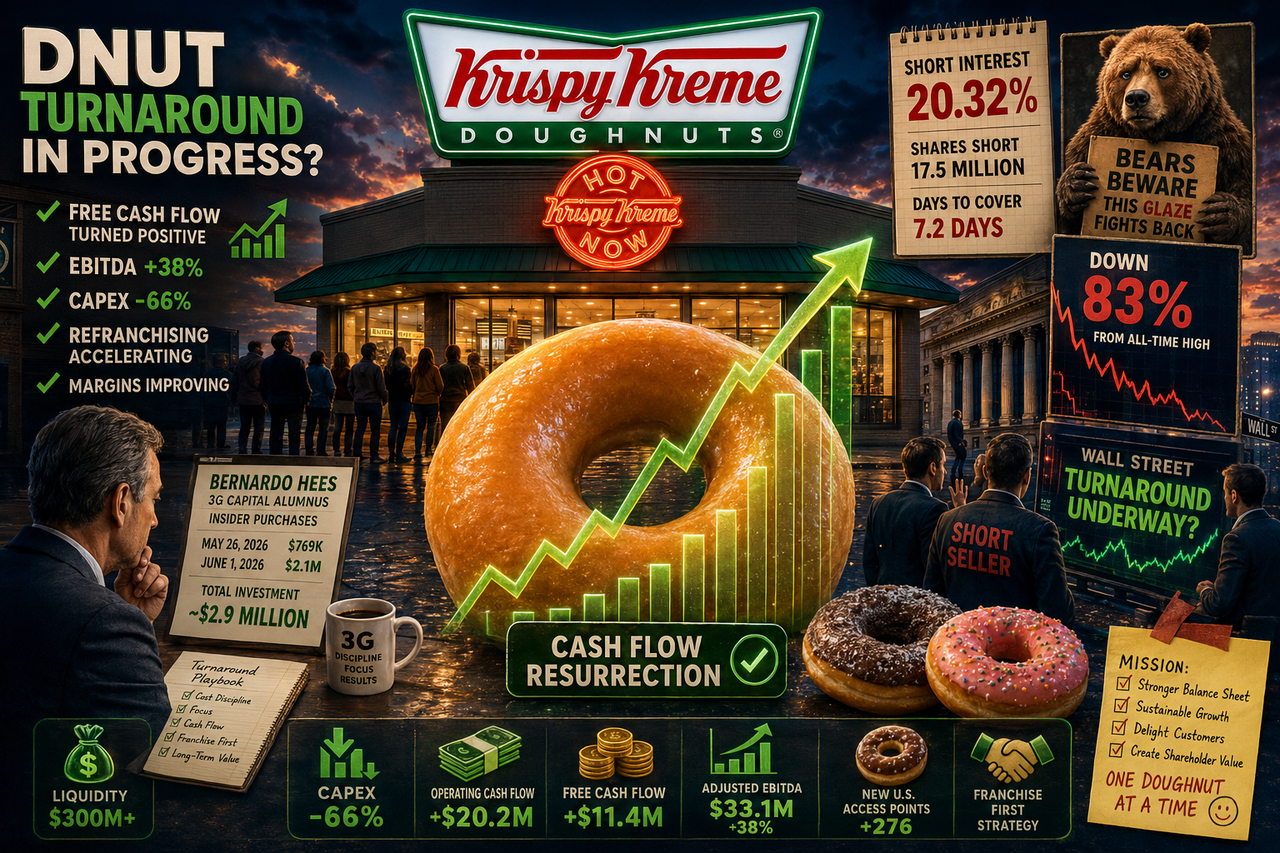 Cinematic illustration of Krispy Kreme's turnaround story featuring glowing doughnuts, rising stock charts, insider buying activity, cash-flow recovery, and investors watching a potential comeback unfold.
