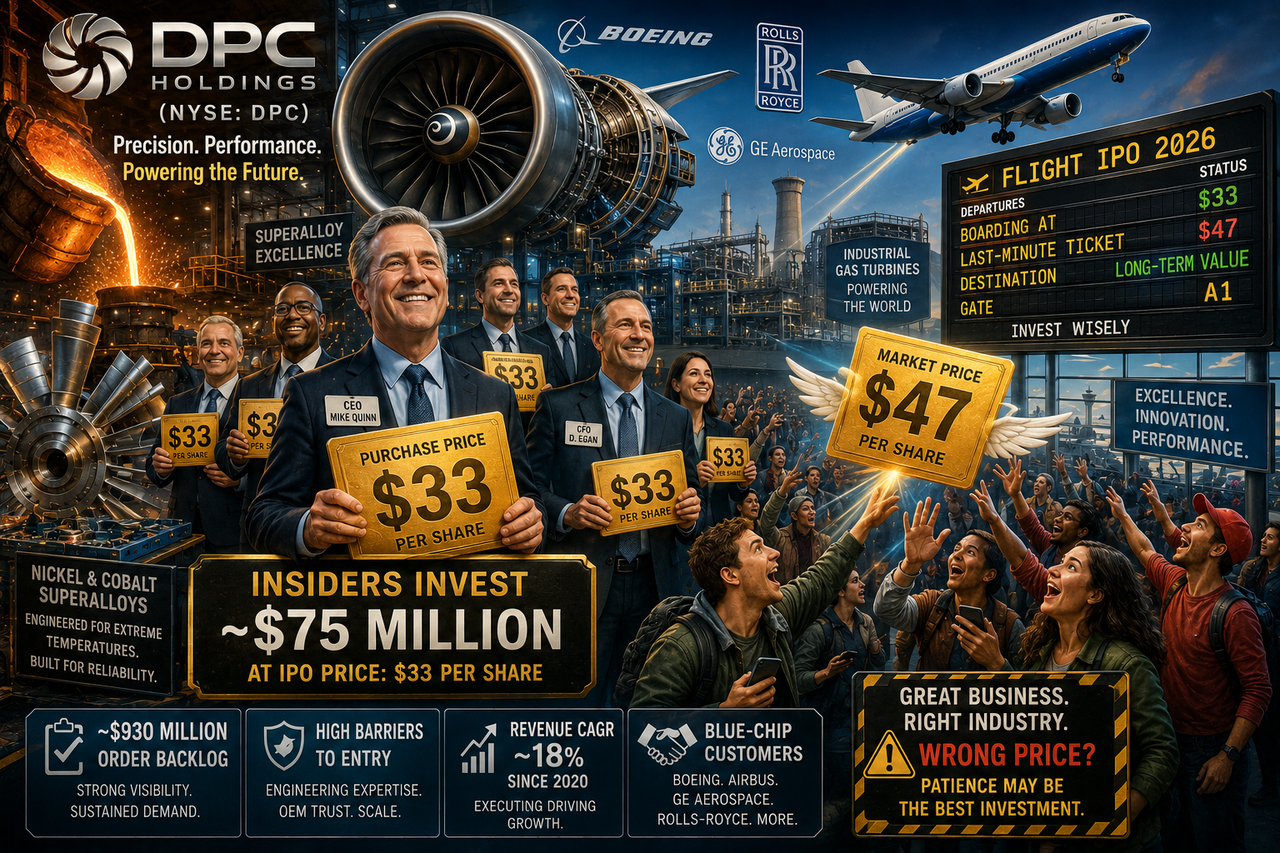 A vibrant cinematic illustration of a futuristic aerospace foundry producing glowing turbine blades from molten nickel and cobalt superalloys. In the foreground, smiling executives—including a CEO figure—purchase giant golden shares labeled 