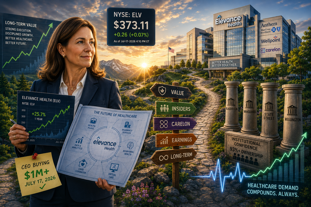 A polished editorial illustration depicting a mountain trail leading toward a modern hospital campus at sunrise. In the foreground, a confident female CEO in business attire reviews a stock chart while holding a healthcare blueprint.