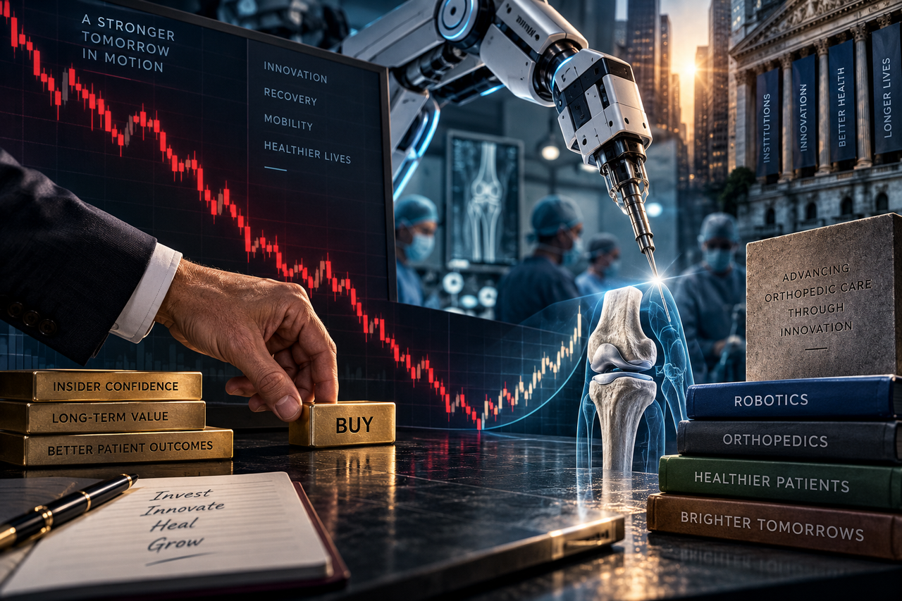 Robotic orthopedic surgical arm beside a plunging ENOV stock chart, illustrating Enovis insider buying, cheap valuation and its eCential robotics bet.