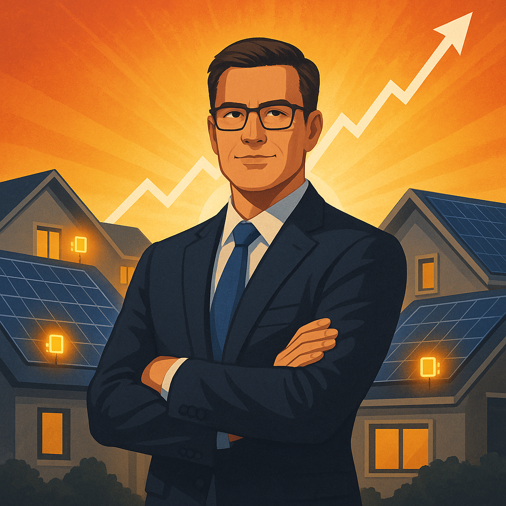 Illustration of a confident CEO standing in front of modern solar-equipped homes, microinverters highlighted, with a rising stock chart — symbolizing insider confidence and potential clean-energy rebound.
