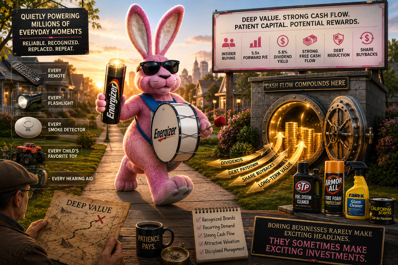 A premium editorial illustration of the iconic Energizer Bunny confidently marching through a quiet suburban neighborhood at sunrise while carrying a glowing battery. Behind the bunny are subtle symbols of recurring consumer demand