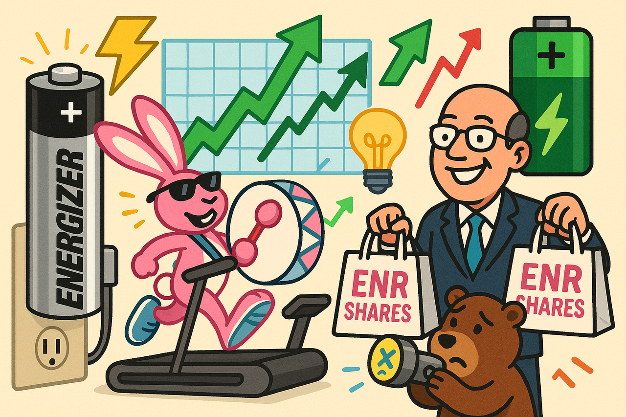 Playful digital illustration of an Energizer battery powering a rising stock chart, with insiders buying shares, the bunny running on a treadmill, and funny bullish/bearish icons — symbolizing insider confidence and a potential value comeback.