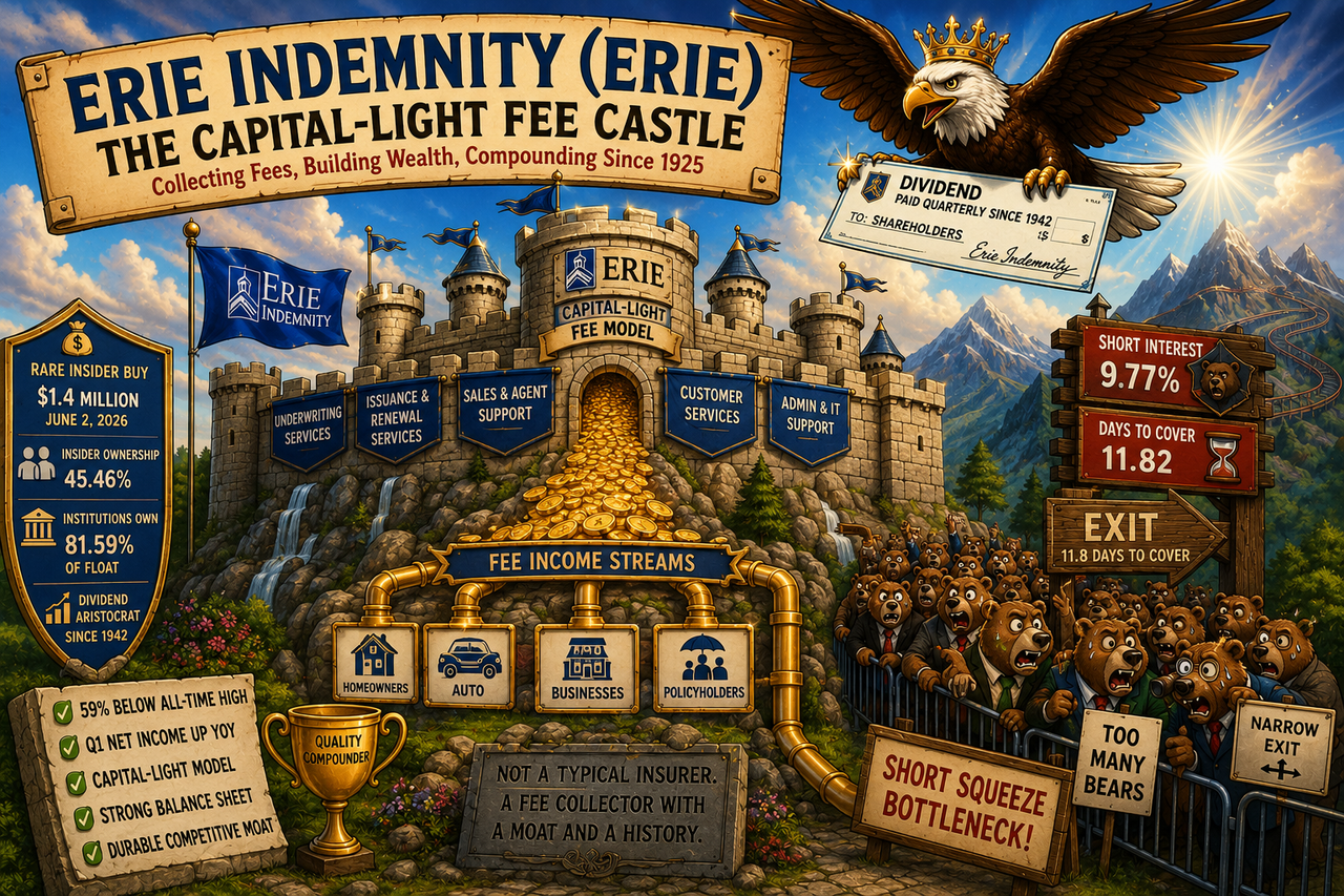 FUNanc1al-style scene showing a massive medieval stone castle perched atop a mountain of insurance policies. Instead of defending against dragons, the castle collects golden fee coins flowing through pipelines from homeowners, cars, and businesses below.