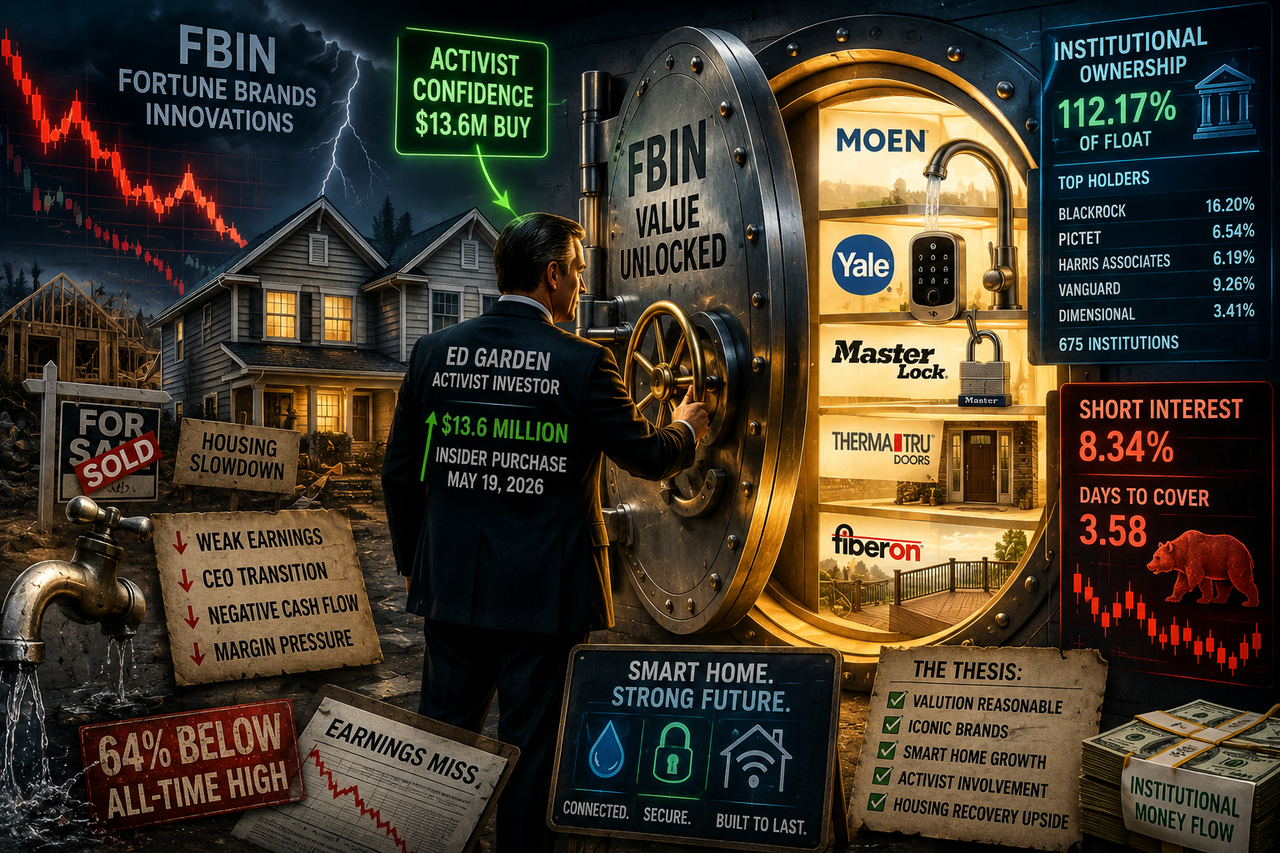 Activist investor-themed illustration showing a glowing Yale smart lock inside a suburban house during a housing slowdown, while a businessman unlocks a massive vault door representing Fortune Brands Innovations (FBIN) value opportunity