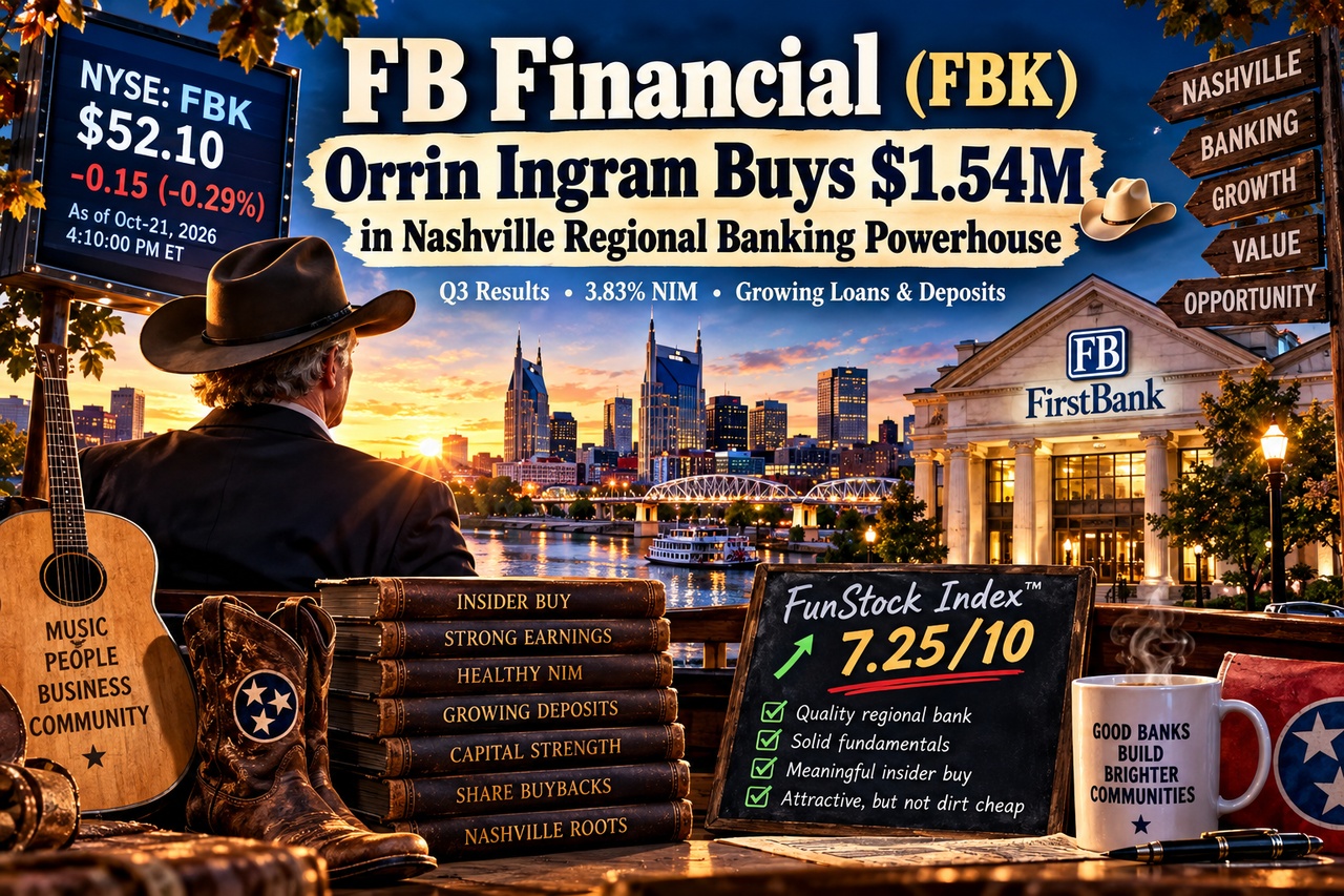 FB Financial (FBK) stock illustration showing Nashville banking, Orrin Ingram's $1.54M insider purchase, Q3 earnings, and valuation risks.