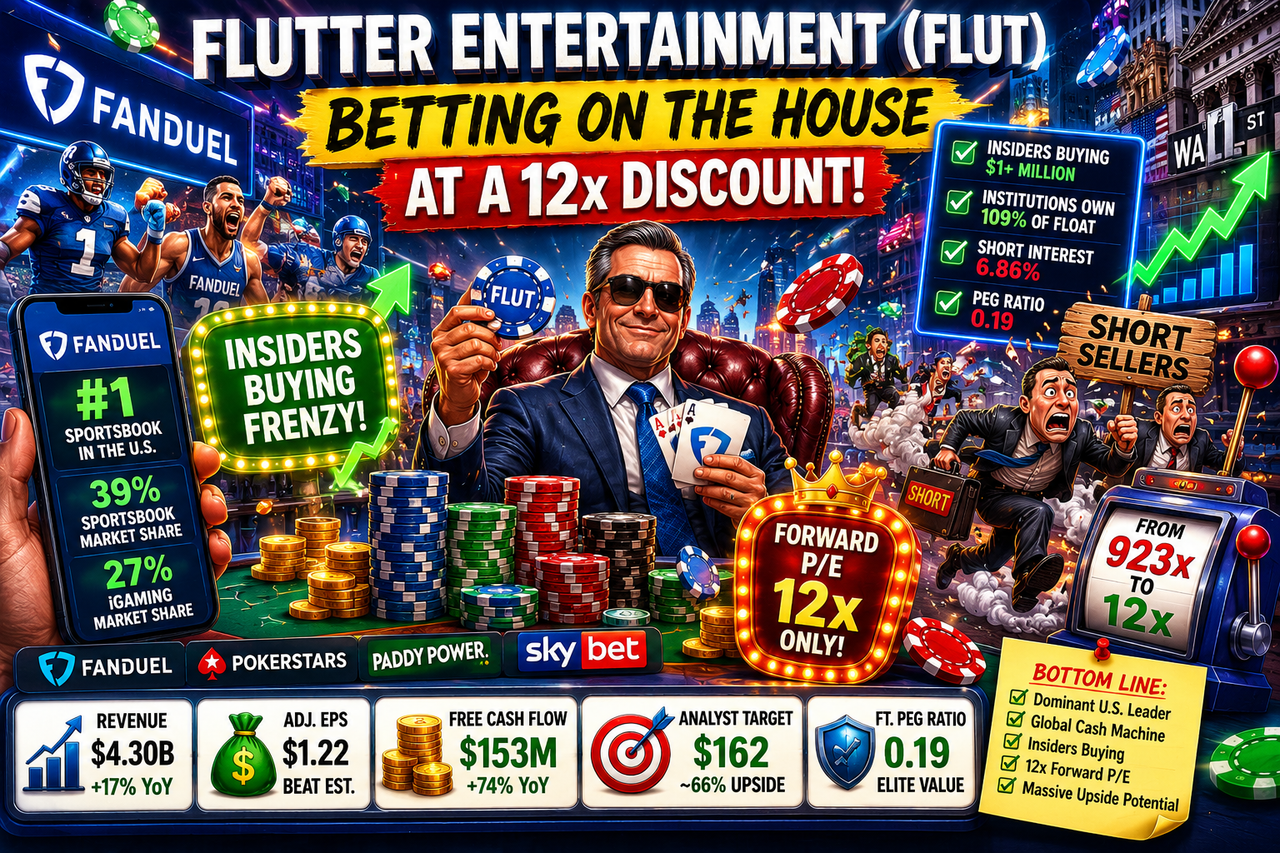 Cartoon-style image of Flutter Entertainment as a giant Wall Street casino, with executives placing huge bets on FLUT stock while poker chips, sportsbook screens, and institutional investors dominate the scene.