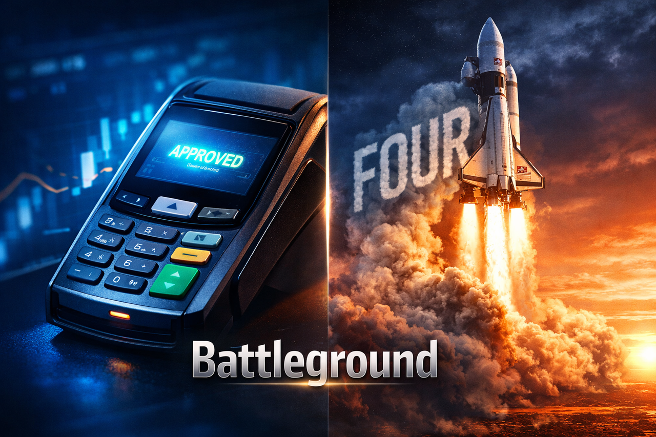 A payment terminal and a rocket launching side by side, symbolizing Shift4’s fintech growth potential and high volatility battleground stock status.