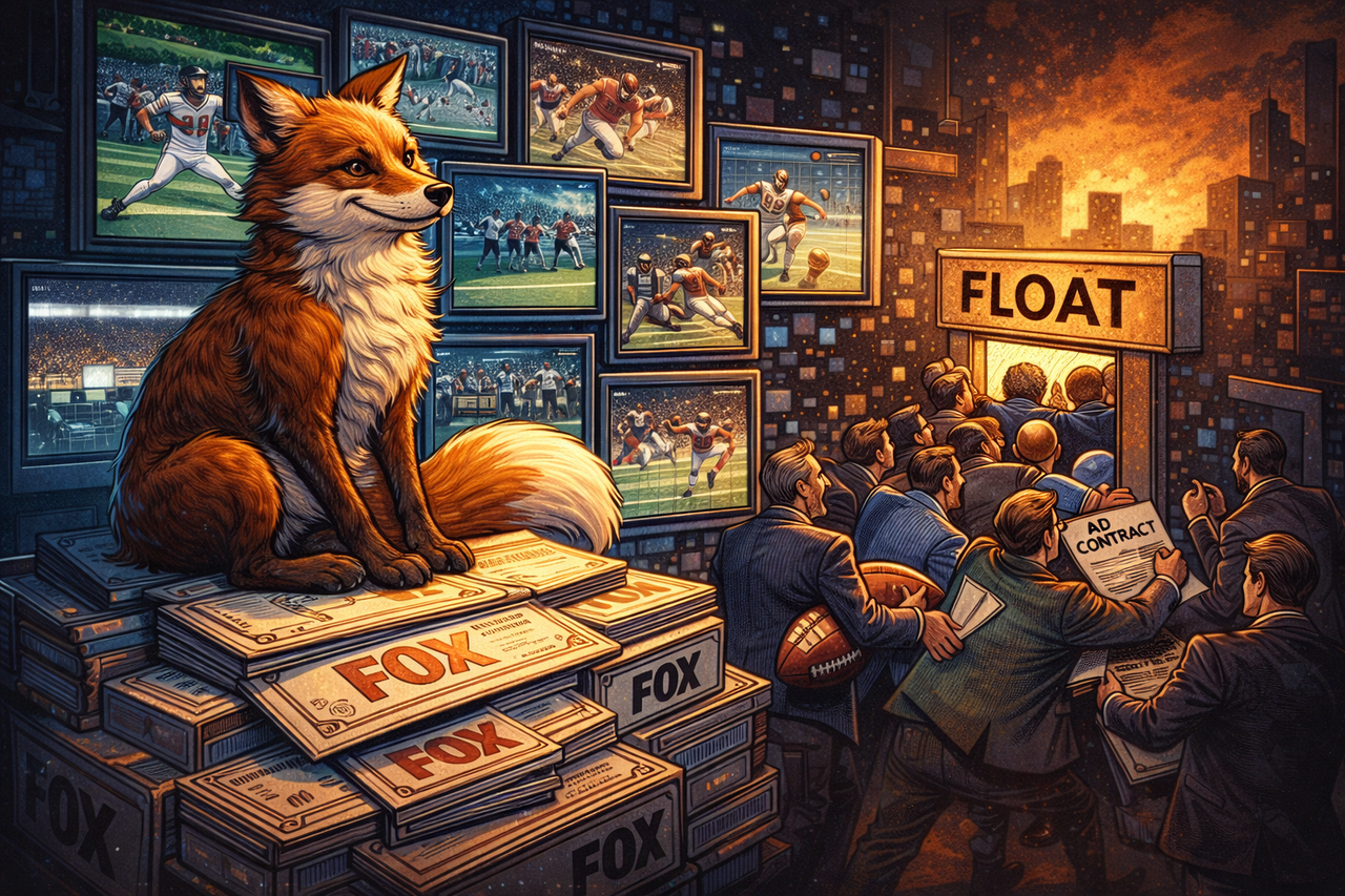 Illustration of a fox sitting on a pile of FOX stock certificates and TV screens broadcasting live sports, while institutional investors crowd around a small door labeled “float,” symbolizing limited available shares and potential market squeeze.