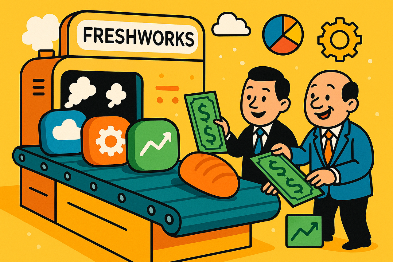 Playful digital illustration of Freshworks executives buying fresh bread-like software apps on a colorful conveyor belt, symbolizing insider stock purchases and renewed confidence.