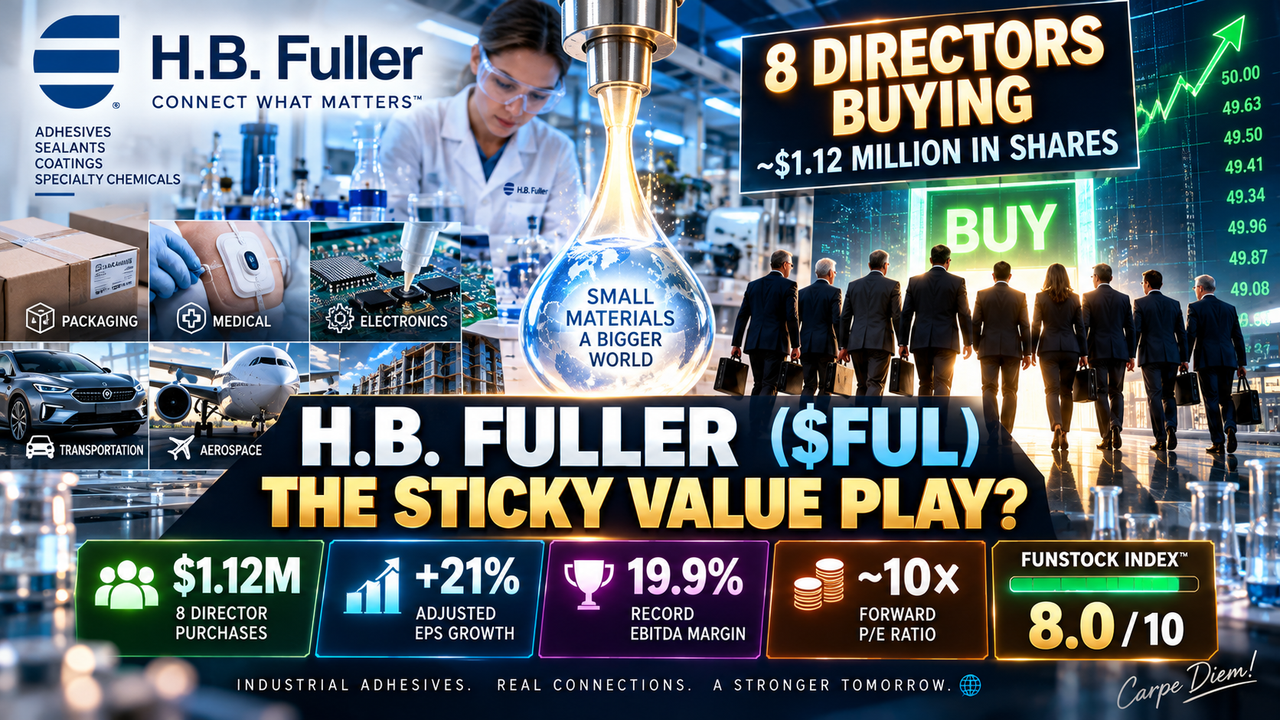 H.B. Fuller FUL illustration showing eight directors buying $1.12M in shares, specialty adhesives production and 21% adjusted EPS growth.