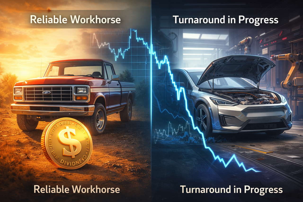 Split illustration showing a classic Ford truck as a reliable workhorse on one side and a futuristic electric vehicle under construction on the other, symbolizing Ford’s dividend stability versus EV transition risk.