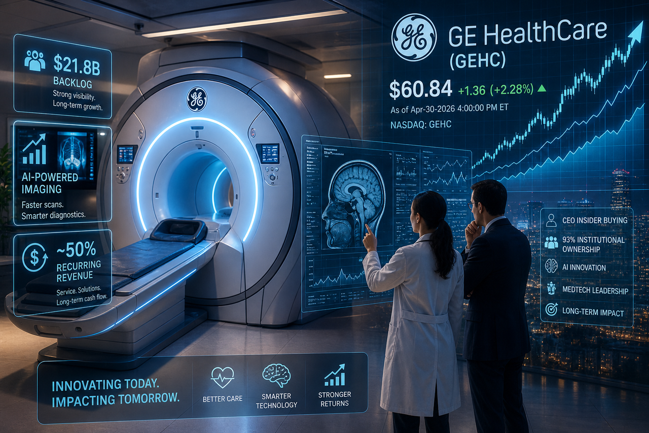 Futuristic MRI scanner enhanced with AI data overlays and financial charts, representing GE HealthCare’s role in combining medical imaging innovation with investment potential and long-term growth.