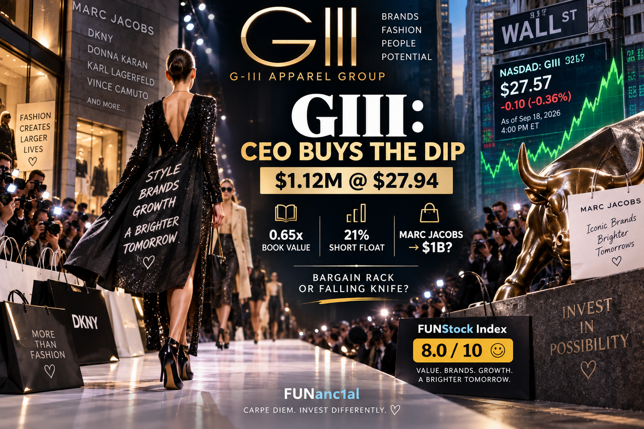 G-III Apparel GIII fashion runway illustrating CEO Morris Goldfarb's $1.12M stock buy, 0.65x book value and Marc Jacobs growth bet.