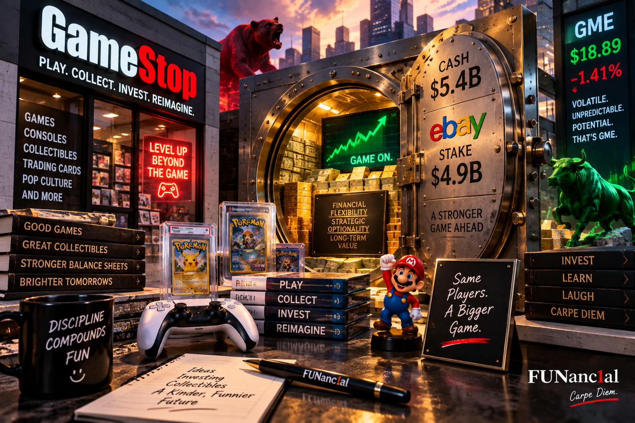 GameStop stock illustration showing gaming, collectibles and a financial war chest, representing GME’s insider buying, eBay stake and business pivot.