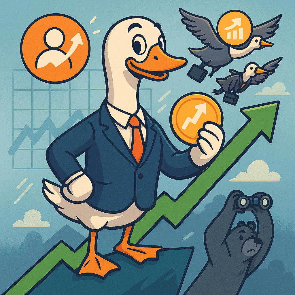 Cartoon goose in a business suit riding a rising stock chart, surrounded by insider-buy icons and institutional investors, symbolizing Goosehead Insurance’s insider buying and growth potential.