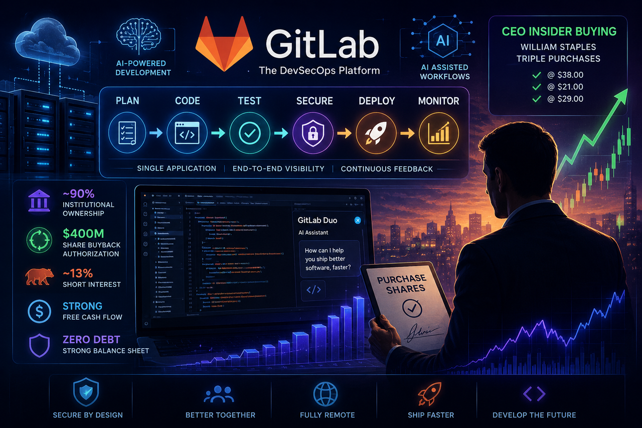 A modern software development control center displaying AI-assisted coding and source code flowing through an integrated DevSecOps pipeline, with a CEO silhouette purchasing shares, symbolizing GitLab's insider buying and long-term investment potential.