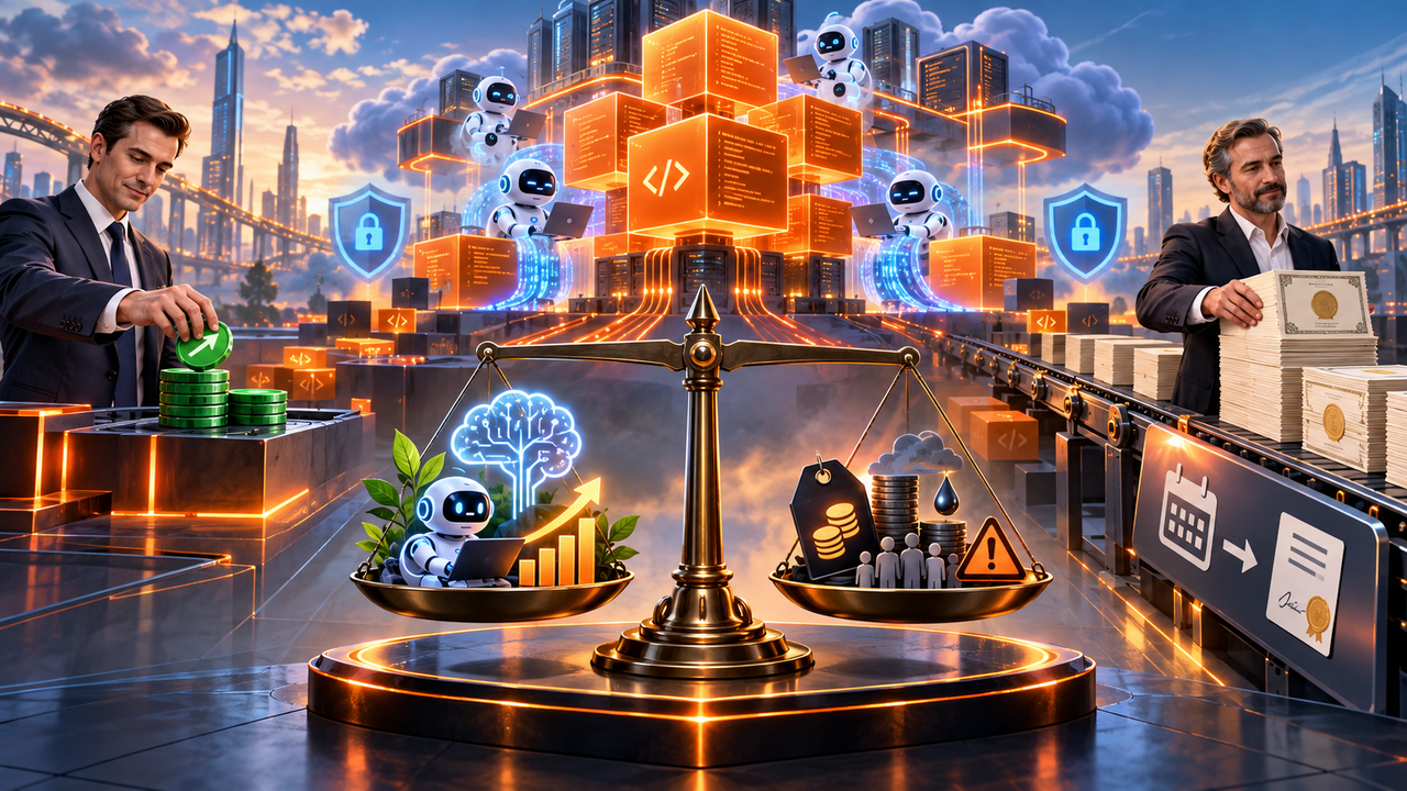 Illustration of GitLab’s conflicting investment signals, with CEO buying, a large planned founder sale, AI-powered coding growth and valuation, dilution and cash-flow risks balancing on a scale.