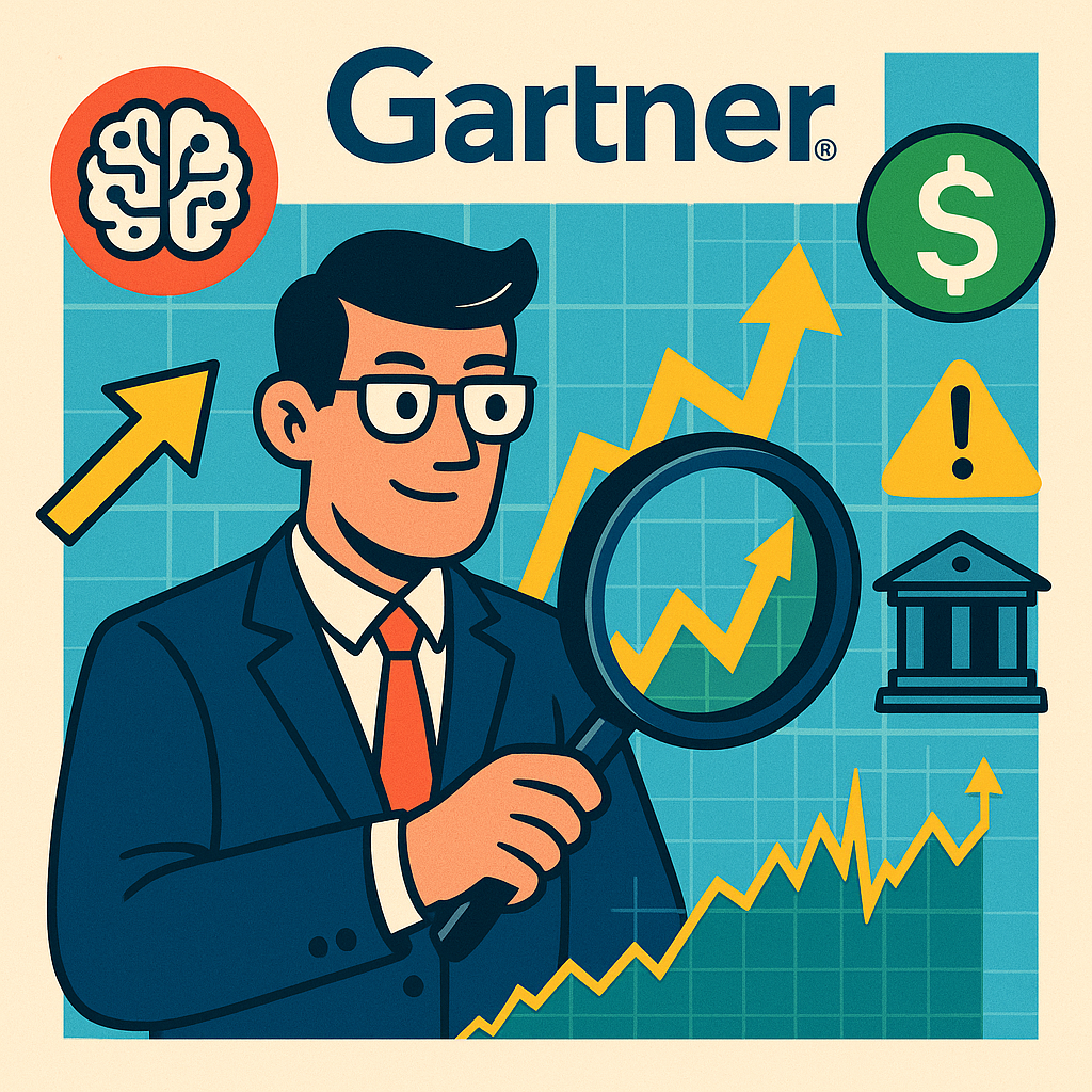 Stylized illustration of a financial analyst examining Gartner stock with a magnifying glass, surrounded by charts, AI icons, and institutional investment symbols, representing insider buying and valuation analysis.