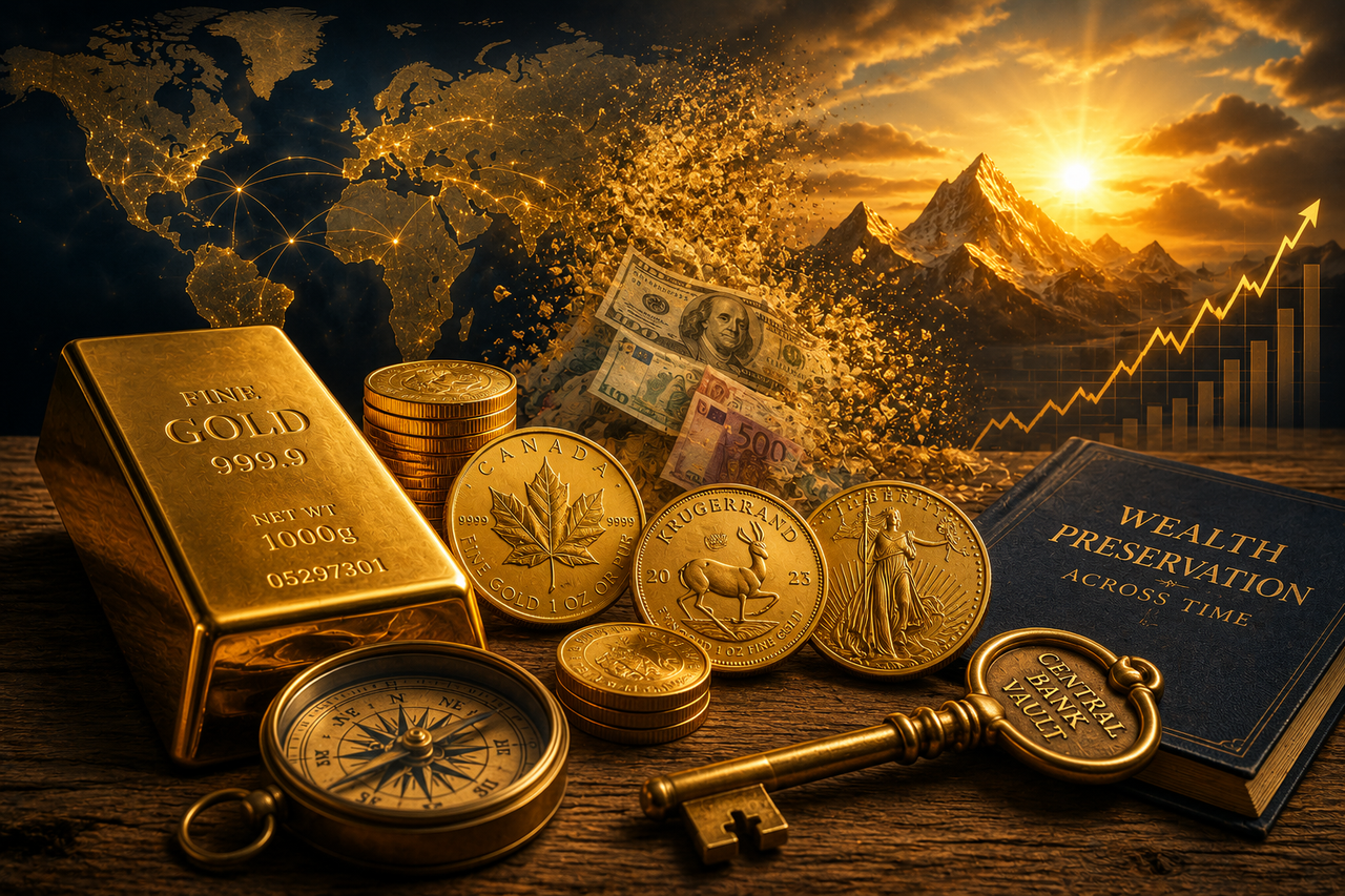 A cinematic illustration featuring a gold bar, historic gold coins and a compass resting on a wooden table, with paper currencies fading into golden light beneath a world map and sunrise, symbolizing gold's enduring role as a store of value.