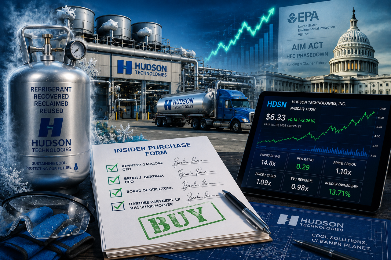 Illustration of Hudson Technologies featuring industrial refrigerant and cooling equipment, financial charts, and insider purchase documents against a modern refrigeration facility, symbolizing EPA-driven refrigerant scarcity, climate-tech infrastructure.