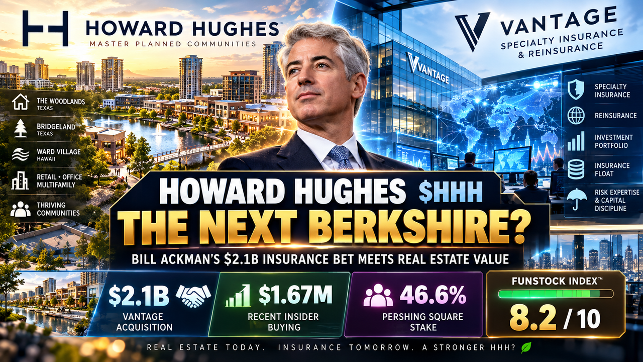 Howard Hughes HHH illustration showing real estate and Vantage reinsurance platforms, Bill Ackman's $2.1B deal and $1.67M insider buying.