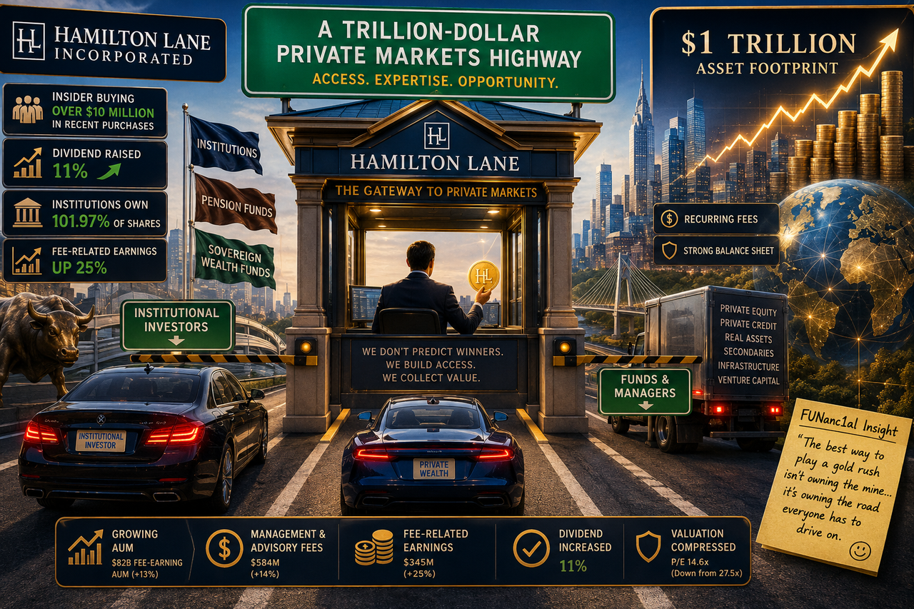 Illustration of a trillion-dollar private markets highway with Hamilton Lane operating a glowing toll booth as institutional investors and wealth advisors stream through, symbolizing the firm's role as a high-margin gatekeeper to global private markets.