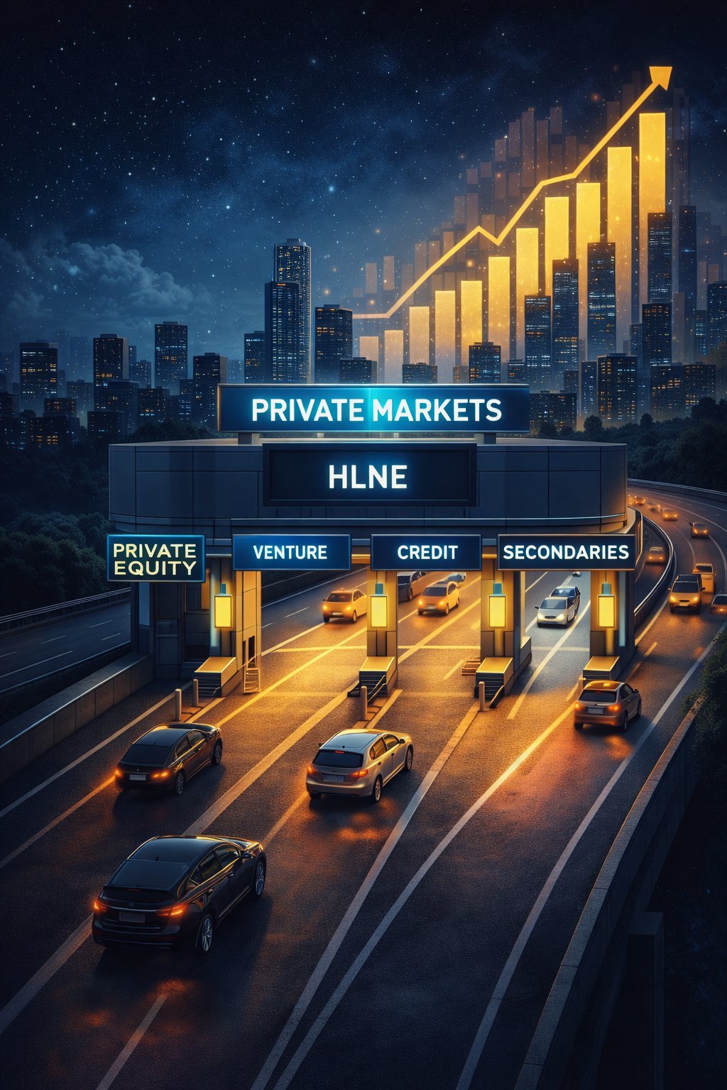 Modern illustration of a financial toll booth on a highway labeled private equity and credit, symbolizing Hamilton Lane’s scalable private markets business model.