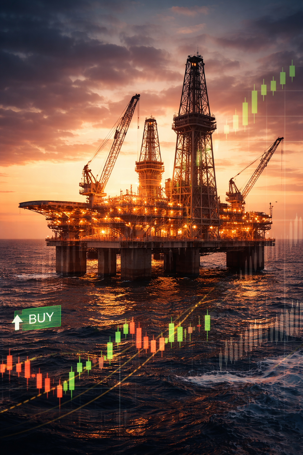 An offshore oil drilling rig at sunset with glowing lights and financial chart overlays, symbolizing energy sector investing and insider buying in HMH stock.