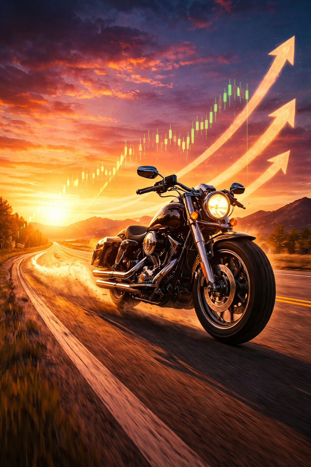 Harley-Davidson motorcycle riding down an open highway at sunset with financial stock chart graphics in the background, symbolizing a potential turnaround for HOG stock.