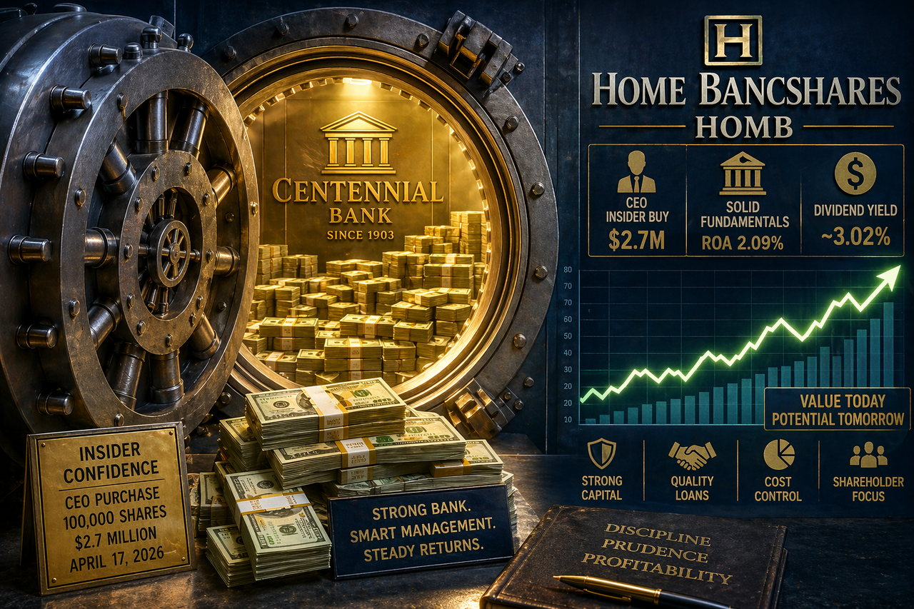 Bank vault door opening to reveal stacks of cash and a rising stock chart, symbolizing Home BancShares insider confidence, value, and steady banking profitability