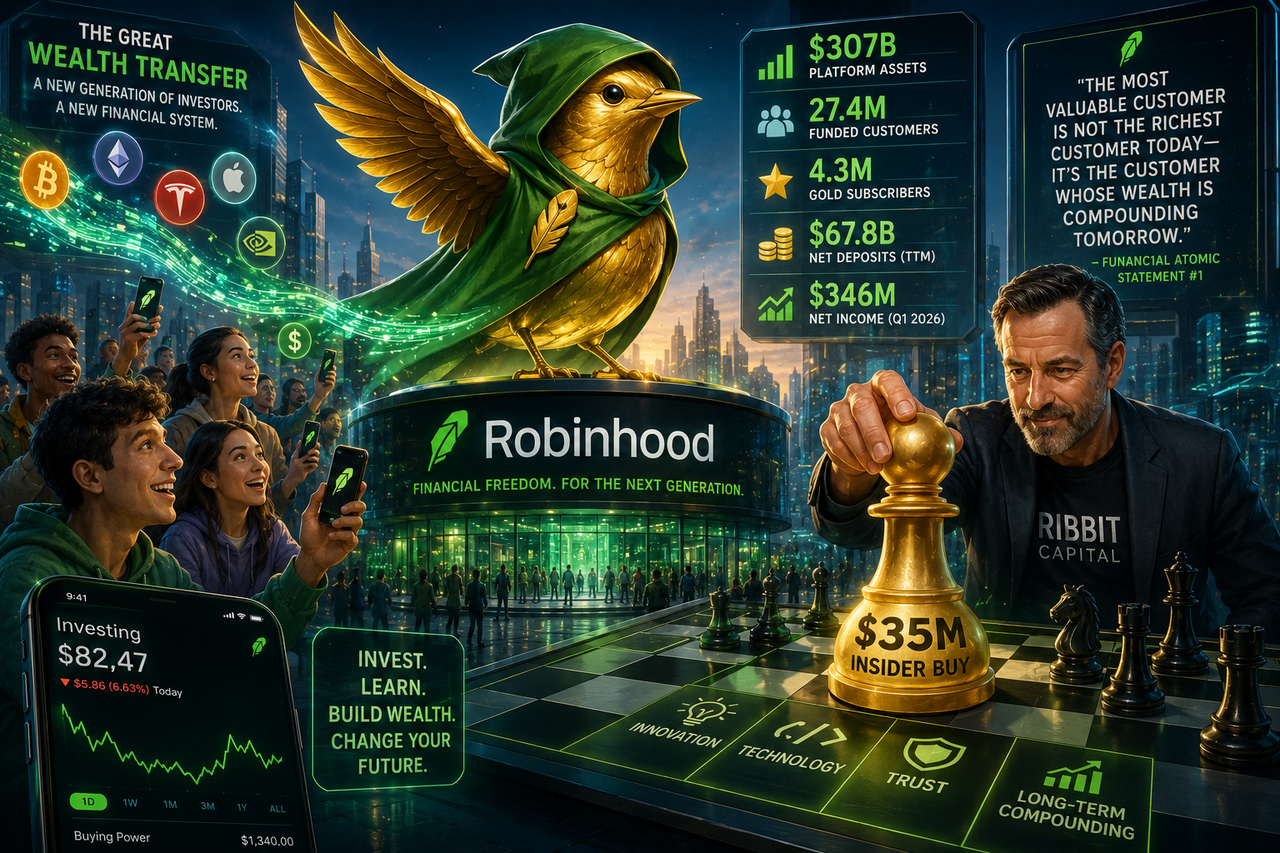 A futuristic financial city where a giant golden hooded robin stands atop a glowing fintech platform. Streams of digital assets flow toward the platform from younger investors carrying smartphones