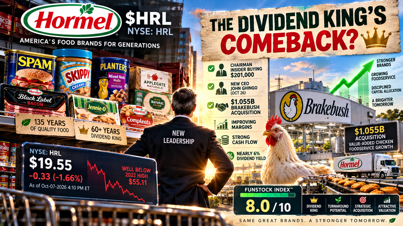 Hormel Foods HRL turnaround illustration featuring a Dividend King crown, SPAM and Skippy products, a 6% yield and the $1.055B Brakebush deal.