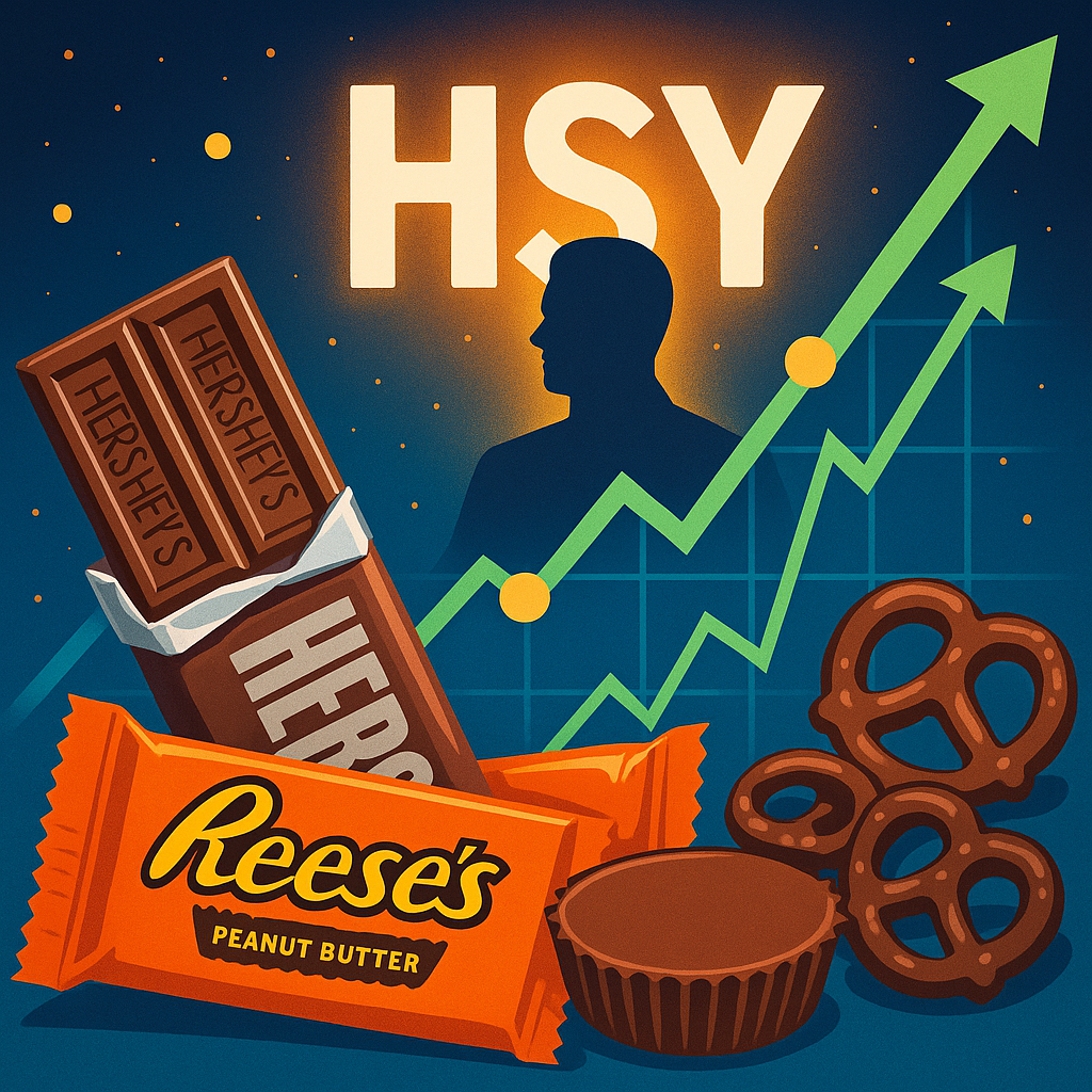 Vibrant digital illustration of Hershey chocolate bars, Reese’s cups, and pretzels orbiting around a glowing HSY stock chart, with a confident CEO silhouette in the background — symbolizing insider buying and potential stock rebound.