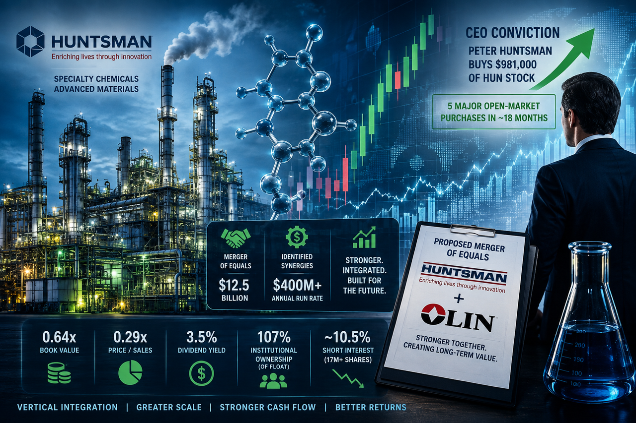 Illustration of a modern chemical manufacturing facility with molecular structures blending into financial charts as a CEO purchases company stock ahead of Huntsman's proposed $12.5 billion merger with Olin, symbolizing long-term value investing.