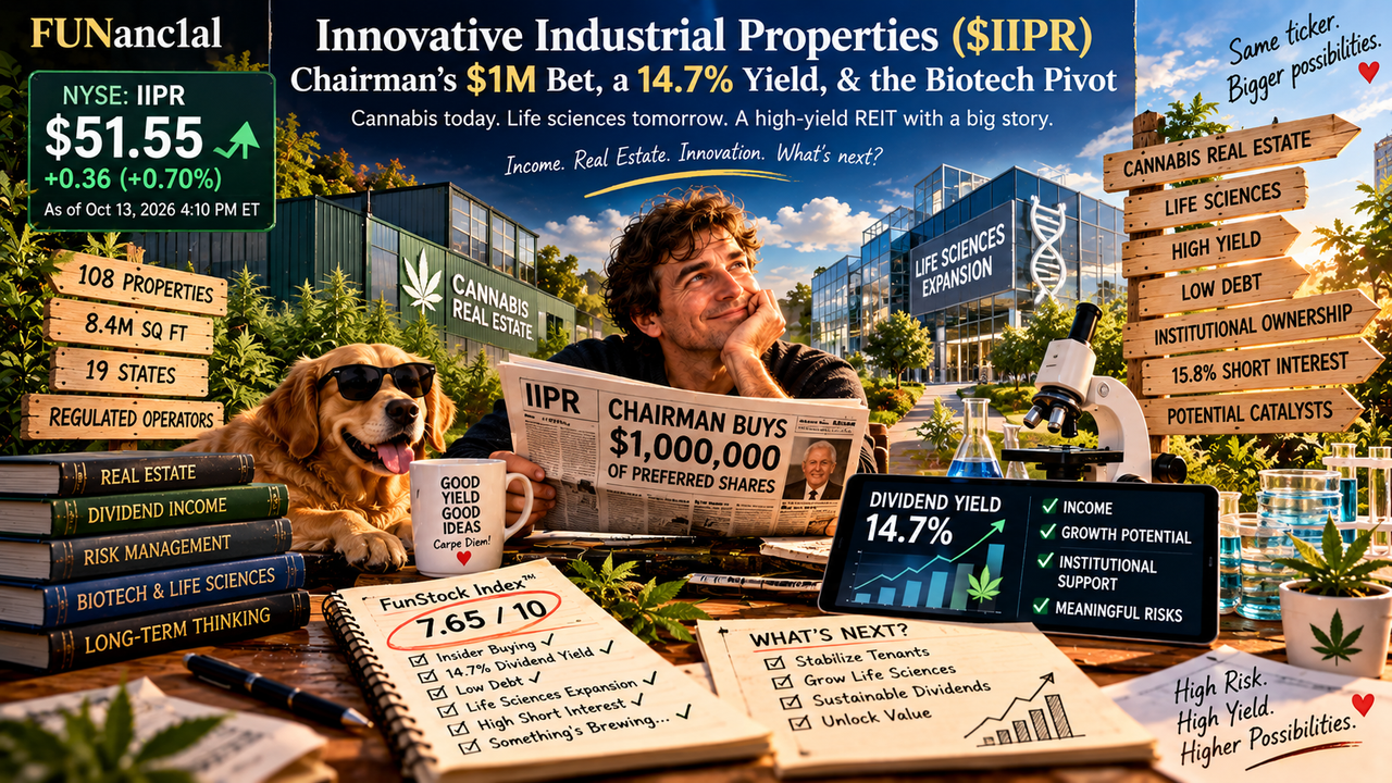 Innovative Industrial Properties IIPR investment illustration featuring cannabis real estate, biotech facilities, a $1M insider buy and 14.7% yield.