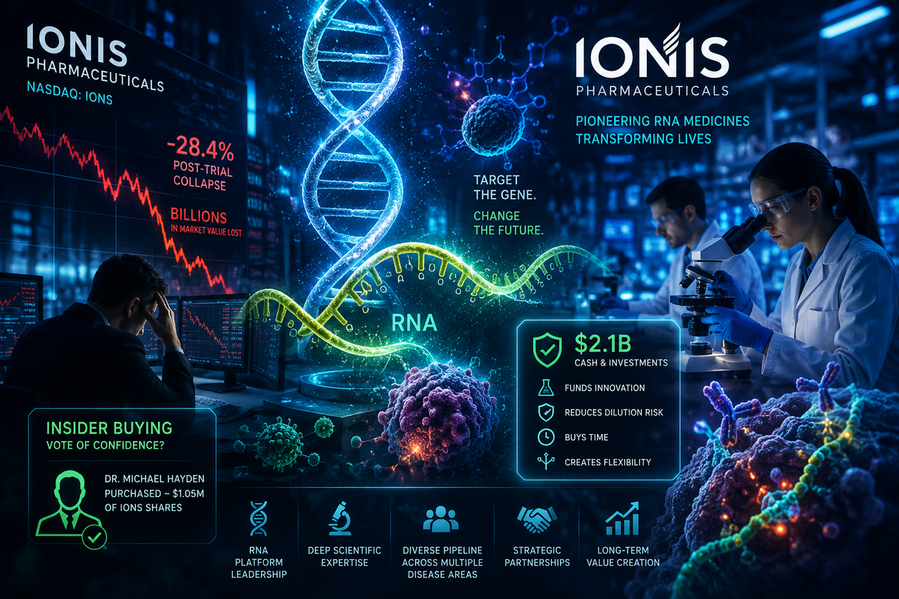 Editorial illustration for Ionis Pharmaceuticals (IONS), depicting RNA therapeutics, genetic medicine, biotechnology research, clinical innovation, insider buying, financial market volatility, DNA sequencing, and long-term healthcare investing.