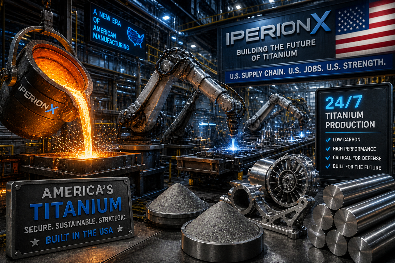 Futuristic titanium production facility with robotic arms and molten metal representing IperionX’s 24/7 manufacturing and U.S. supply chain innovation