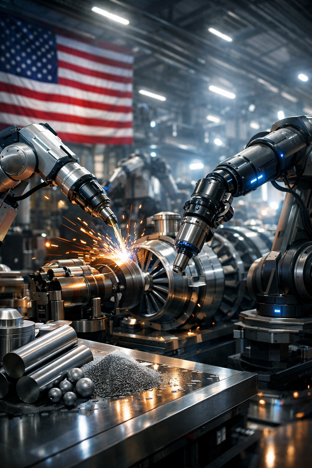 A futuristic U.S. titanium manufacturing facility with robotic arms assembling aerospace components, symbolizing advanced materials and reshoring.