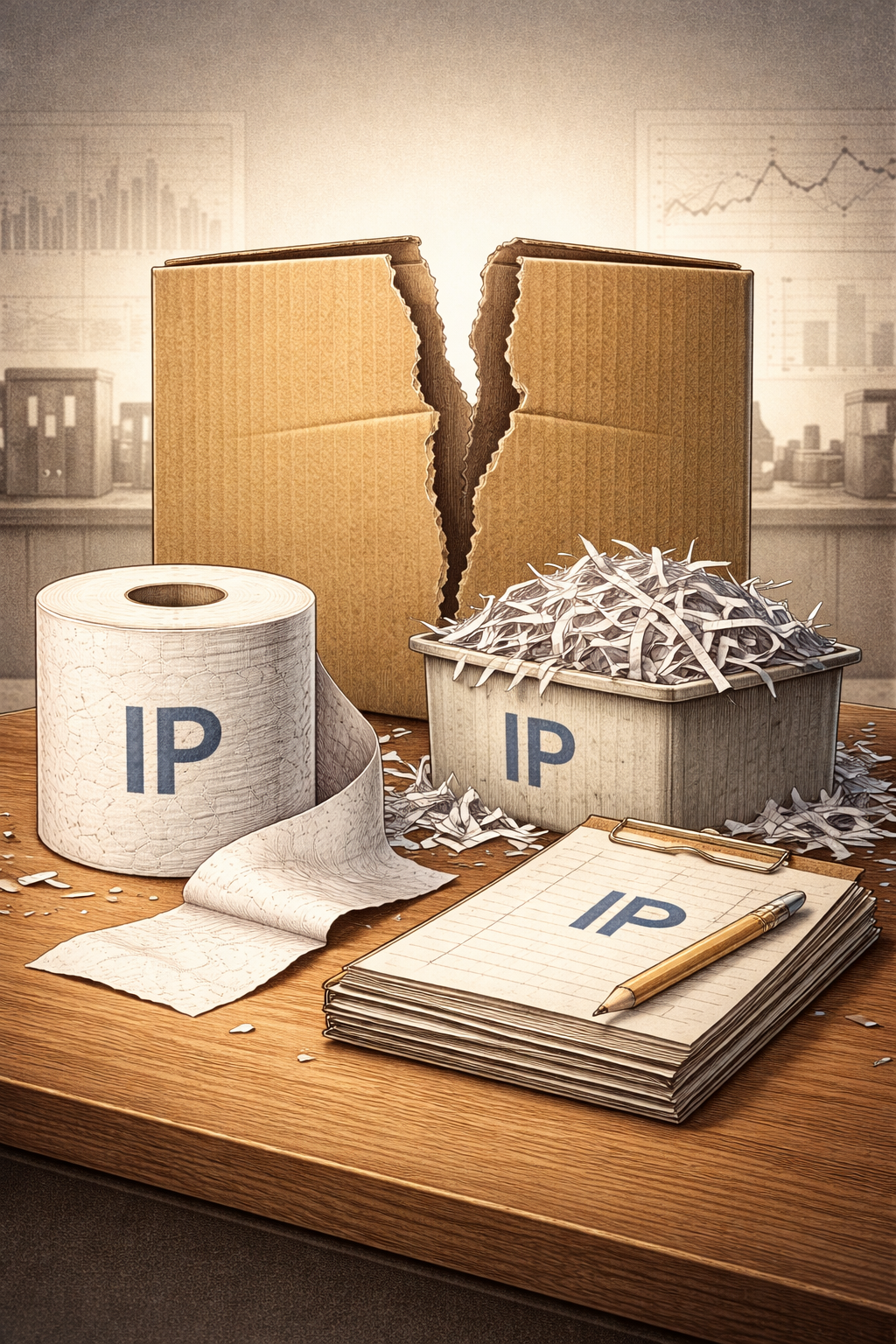 Illustration of toilet paper, shredded paper, and stationery with a split cardboard box, symbolizing International Paper’s restructuring and uncertain investment outcome.