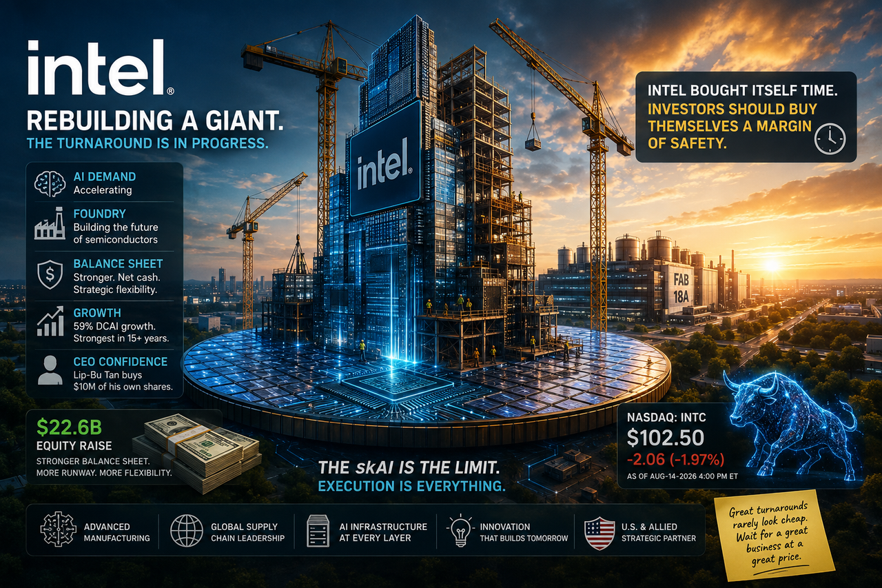 Intel semiconductor fabrication campus with futuristic chip manufacturing, construction cranes, and AI infrastructure symbolizing the company's long-term turnaround.