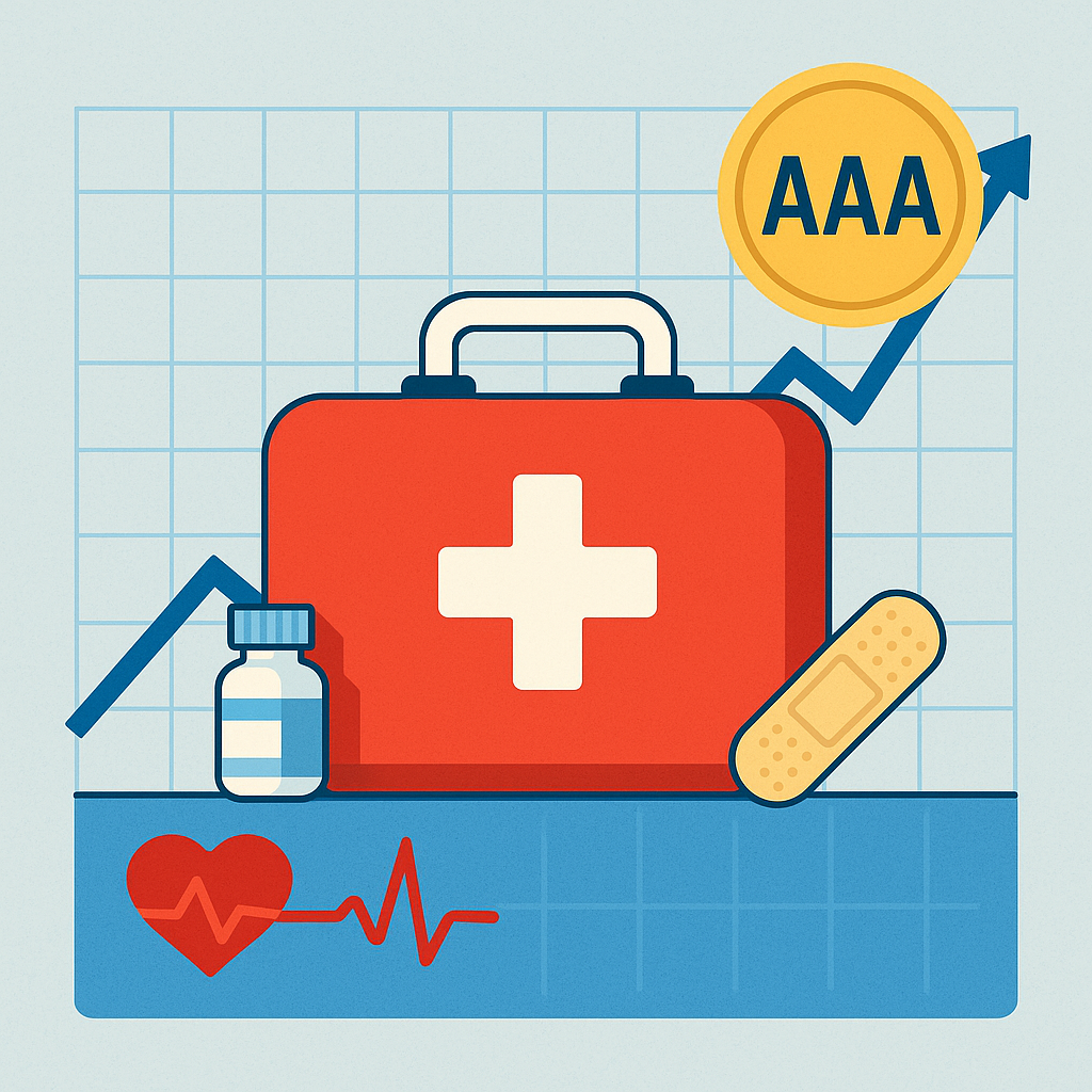 Stylized first-aid kit and medical icons sitting on a rising stock chart, symbolizing Johnson & Johnson’s AAA strength and insider buying in JNJ shares.
